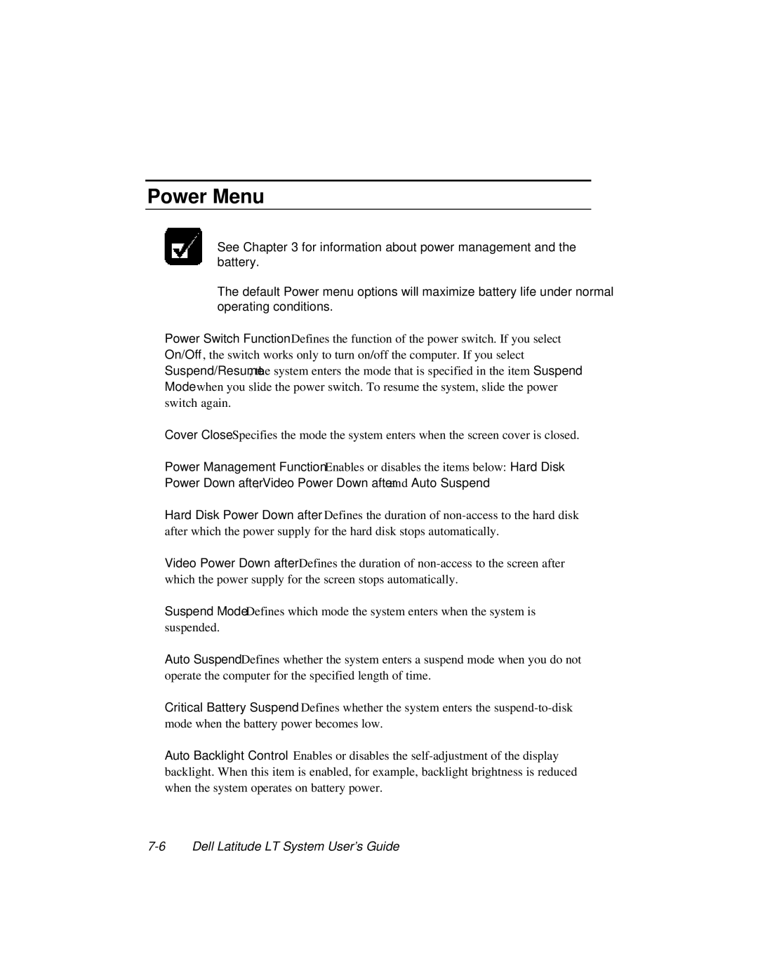 Dell LT System manual Power Menu, Power Down after, Video Power Down after and Auto Suspend 