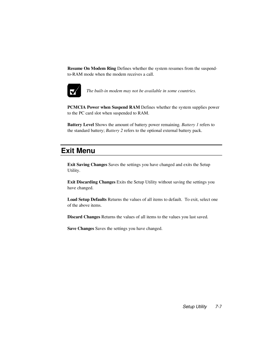 Dell LT System manual Exit Menu, Built-in modem may not be available in some countries 