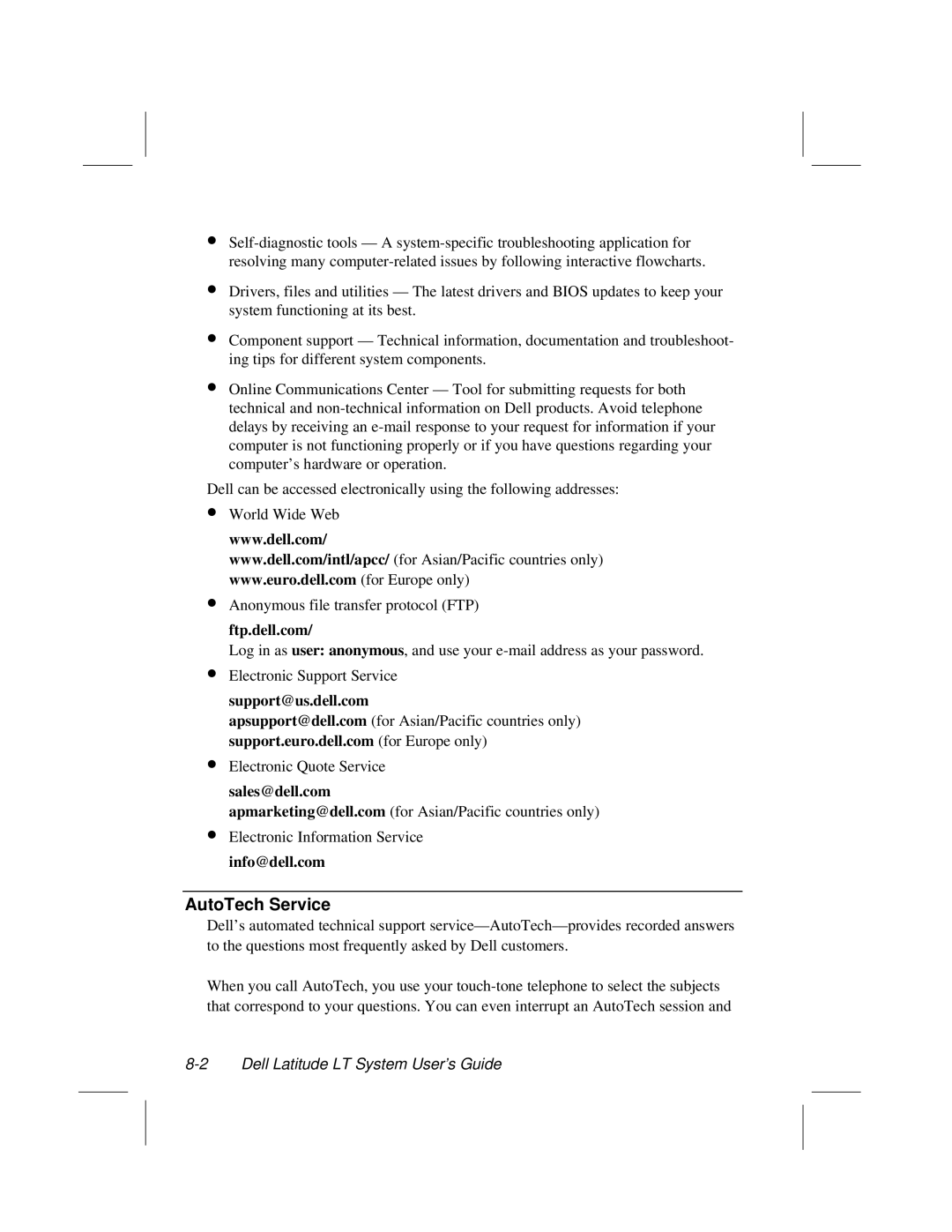 Dell LT System manual AutoTech Service, Ftp.dell.com, Support@us.dell.com, Sales@dell.com, Info@dell.com 