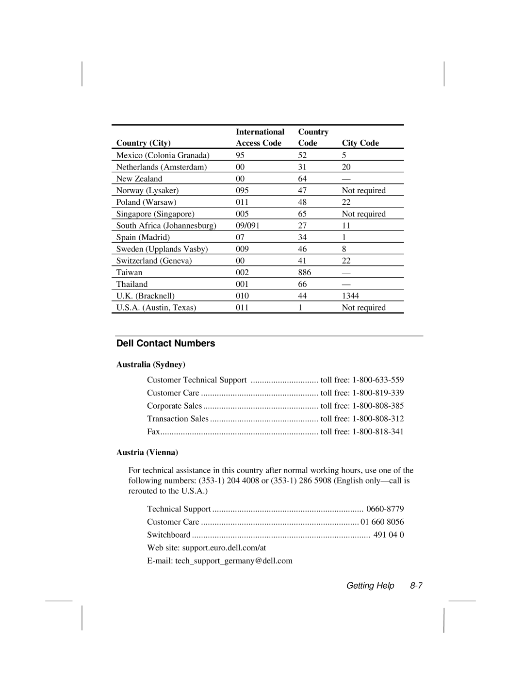 Dell LT System manual Dell Contact Numbers, Australia Sydney, Austria Vienna 