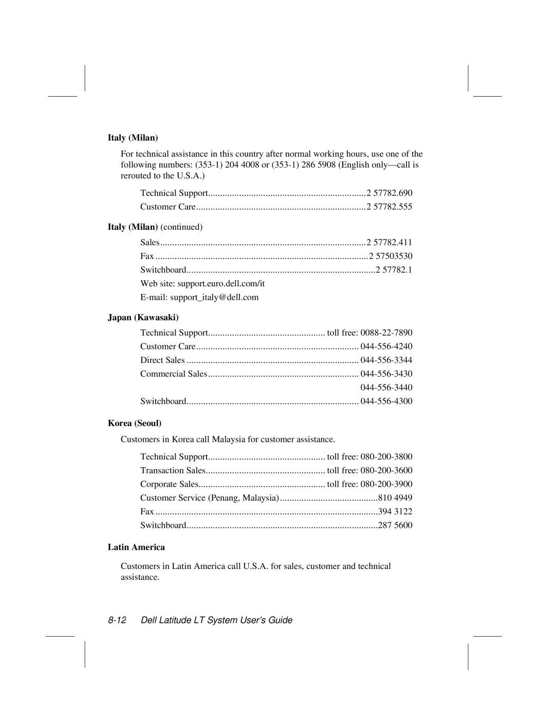 Dell LT System manual Italy Milan, Japan Kawasaki, Korea Seoul, Latin America 