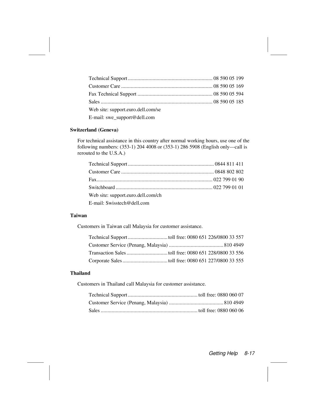 Dell LT System manual Switzerland Geneva, Taiwan, Thailand 