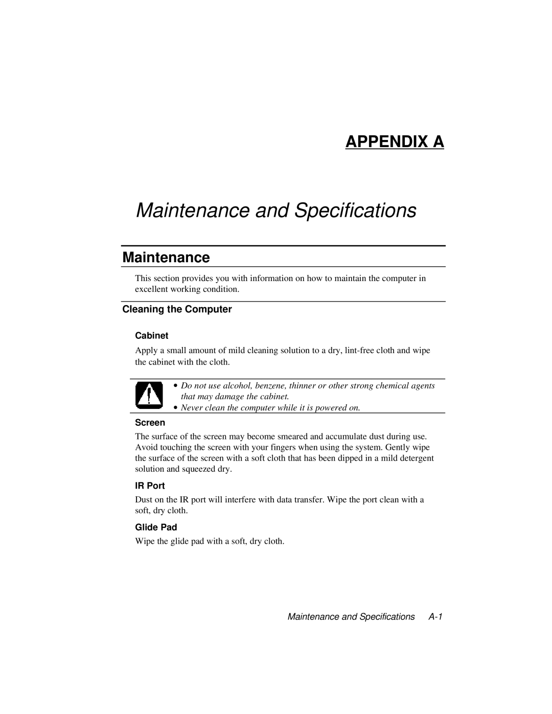 Dell LT System manual Maintenance and Specifications, Cleaning the Computer 