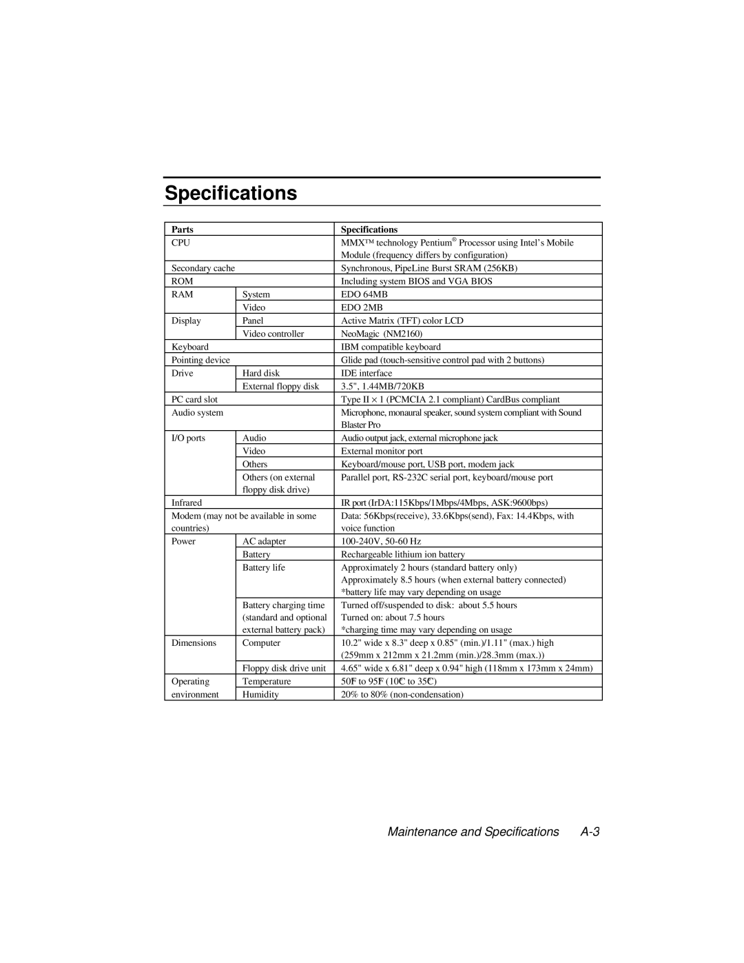 Dell LT System manual Parts Specifications 