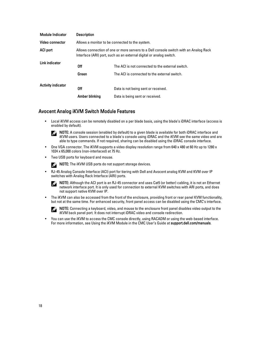 Dell M1000E owner manual Avocent Analog iKVM Switch Module Features, Link indicator Off, Green 