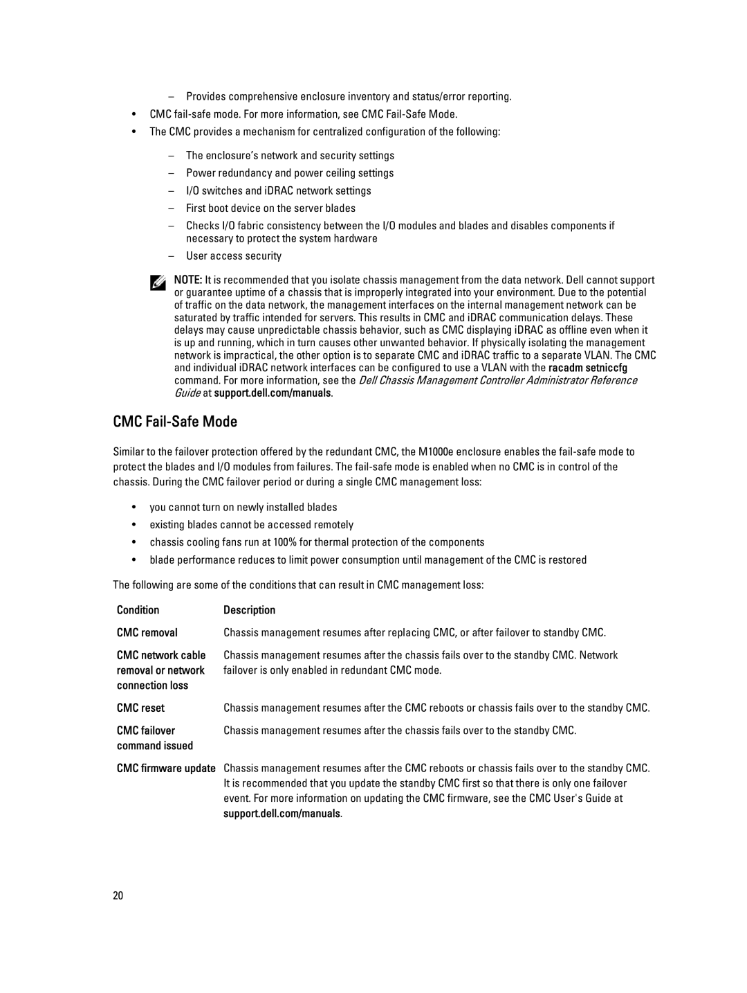 Dell M1000E owner manual CMC Fail-Safe Mode, Condition Description CMC removal, CMC network cable 