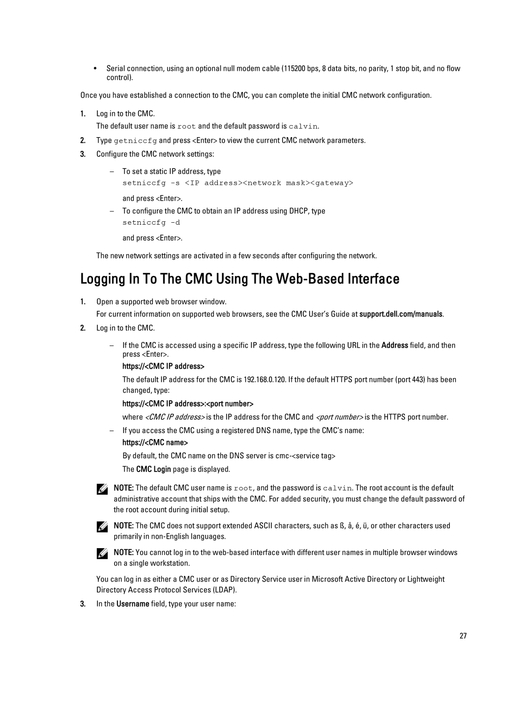 Dell M1000E owner manual Logging In To The CMC Using The Web-Based Interface, Https//CMC IP addressport number 