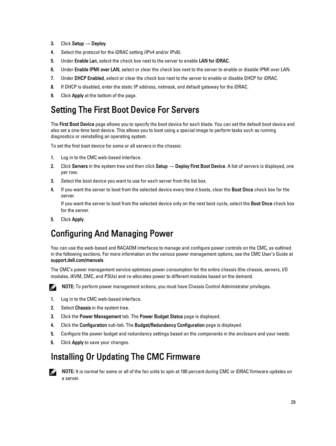 Dell M1000E owner manual Setting The First Boot Device For Servers, Configuring And Managing Power, Click Setup → Deploy 