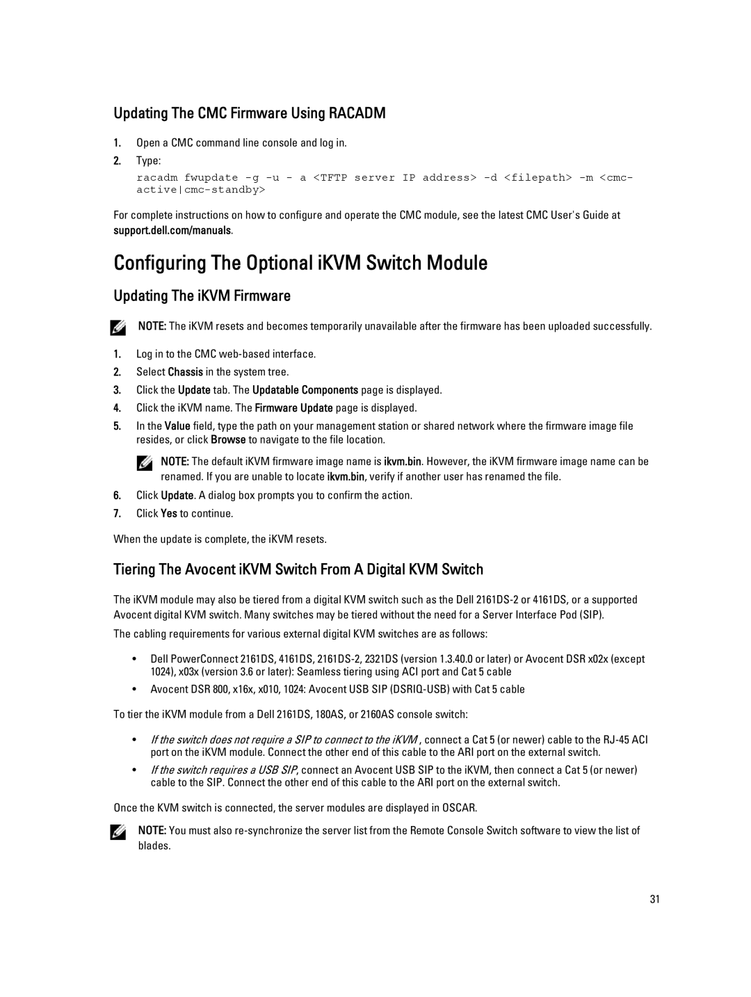 Dell M1000E owner manual Configuring The Optional iKVM Switch Module, Updating The CMC Firmware Using Racadm 