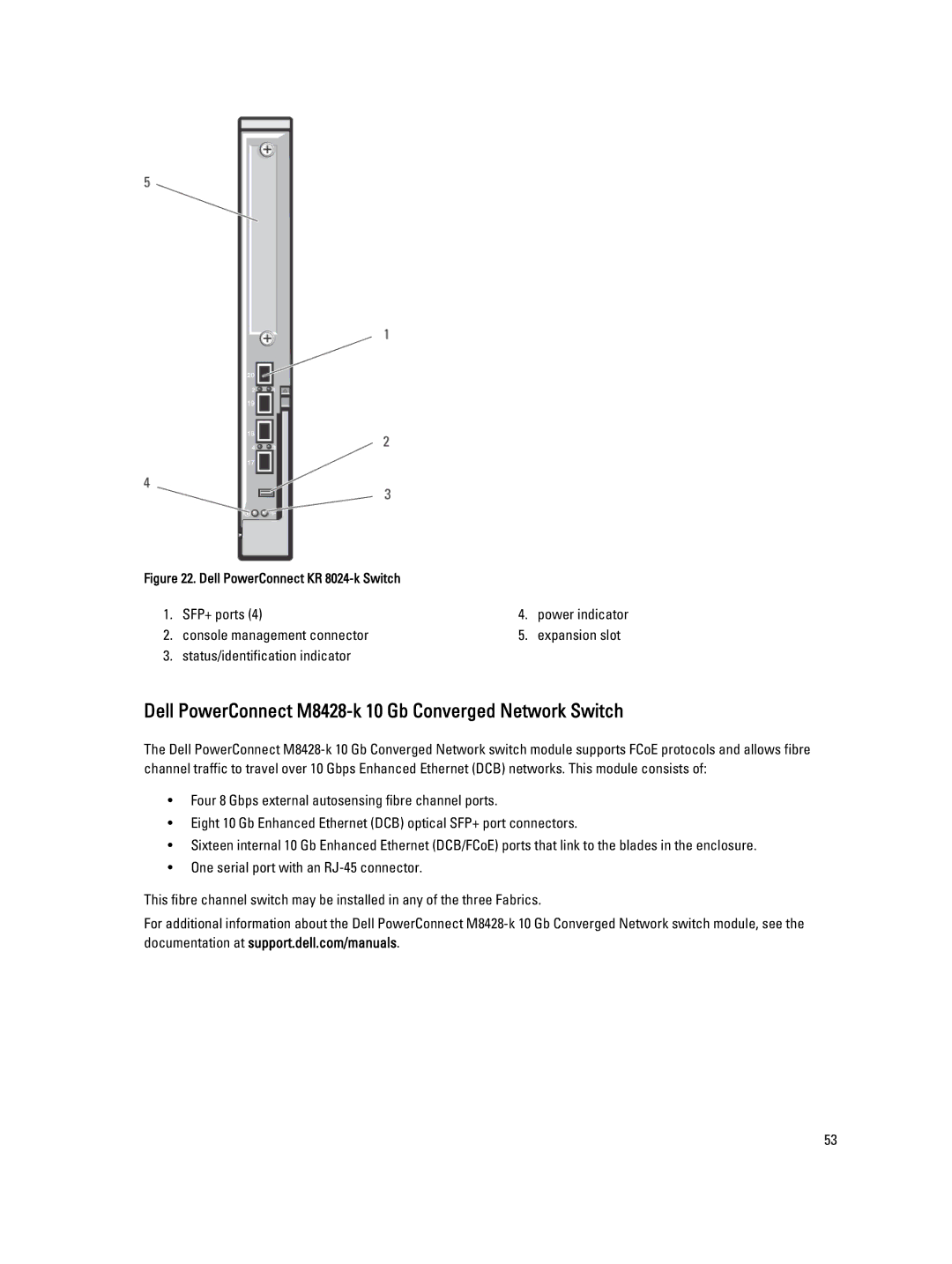 Dell M1000E owner manual Dell PowerConnect M8428-k 10 Gb Converged Network Switch, Dell PowerConnect KR 8024-k Switch 