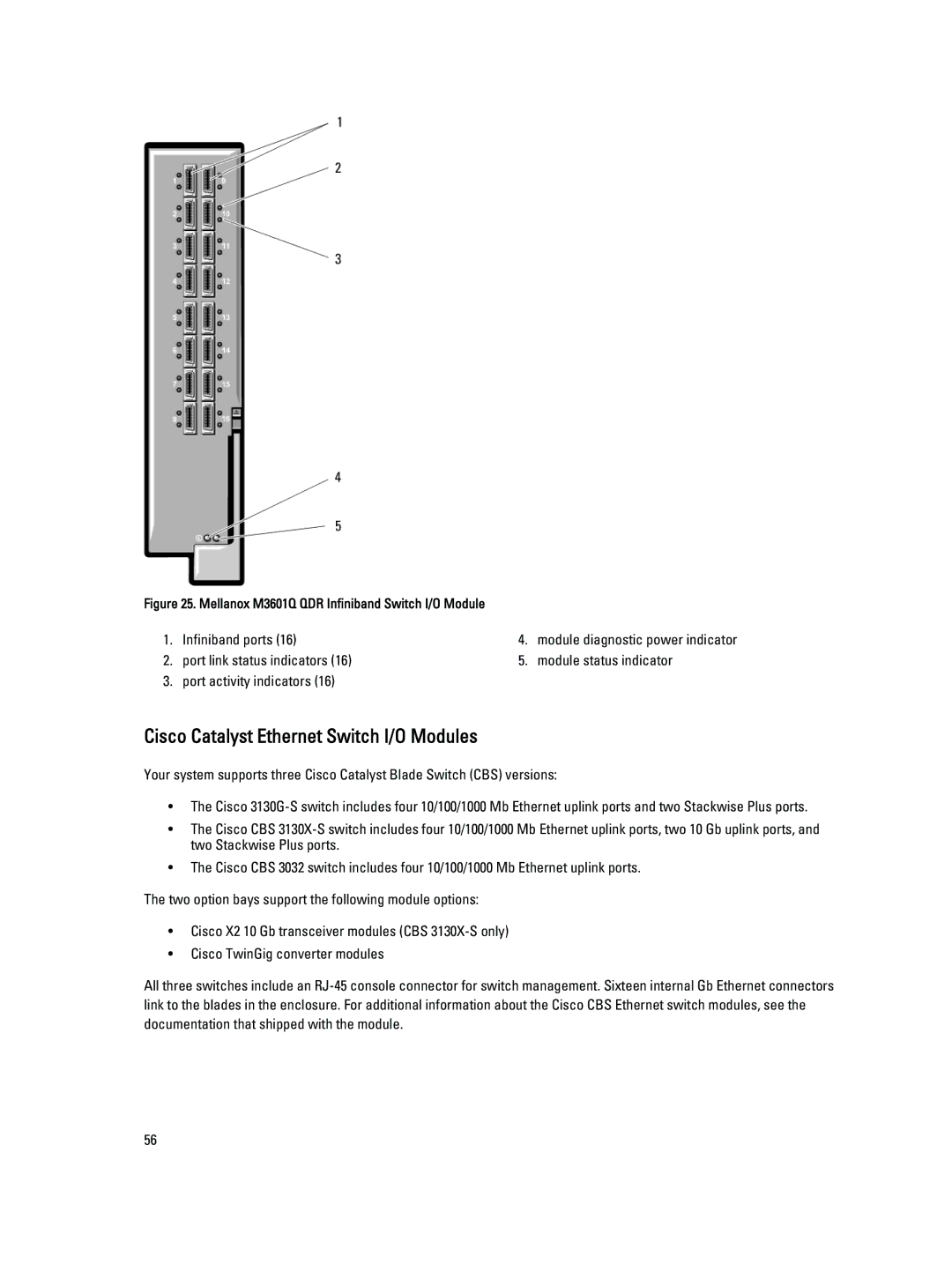 Dell M1000E owner manual Cisco Catalyst Ethernet Switch I/O Modules, Mellanox M3601Q QDR Infiniband Switch I/O Module 