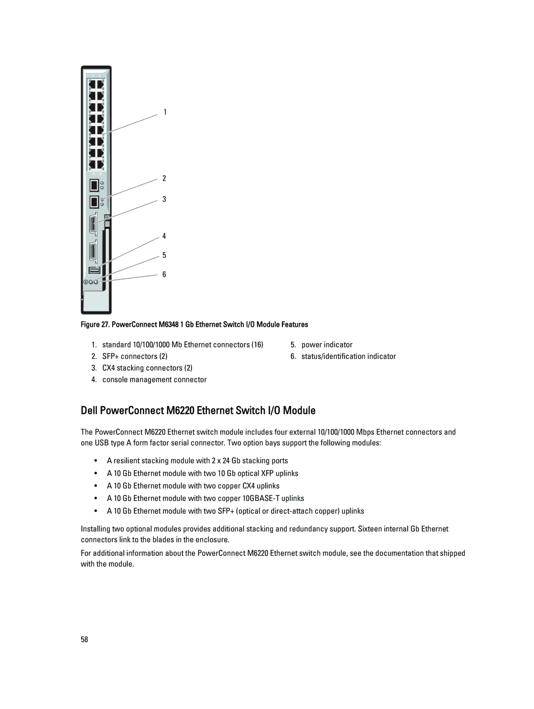 Dell M1000E owner manual Dell PowerConnect M6220 Ethernet Switch I/O Module 