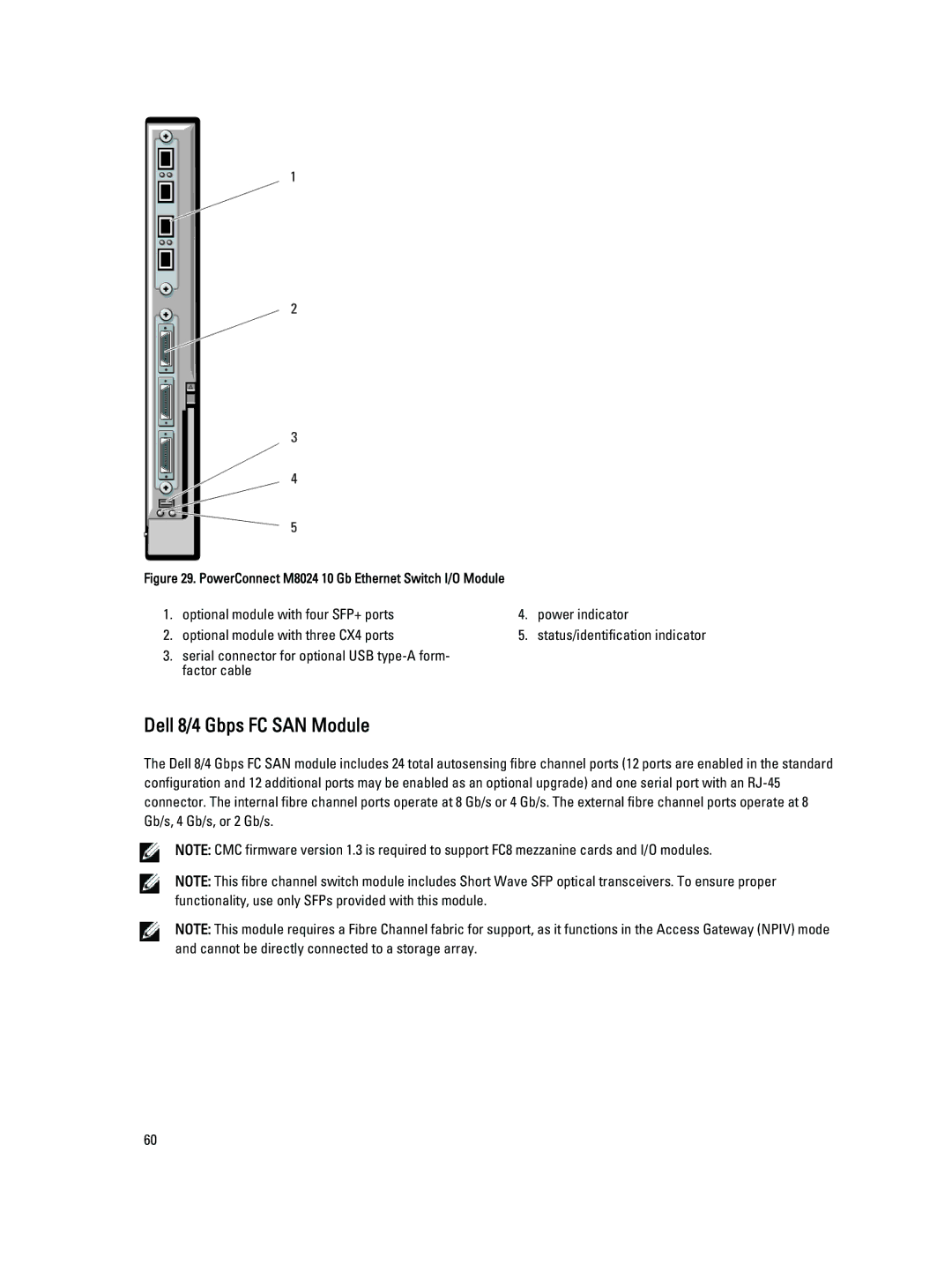 Dell M1000E owner manual Dell 8/4 Gbps FC SAN Module, PowerConnect M8024 10 Gb Ethernet Switch I/O Module 