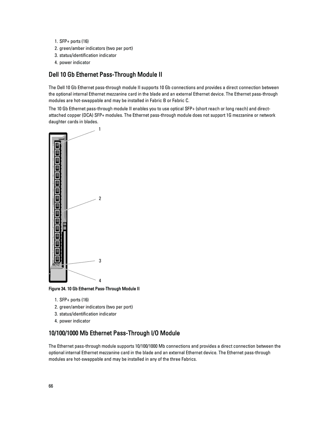 Dell M1000E owner manual Dell 10 Gb Ethernet Pass-Through Module, 10/100/1000 Mb Ethernet Pass-Through I/O Module 