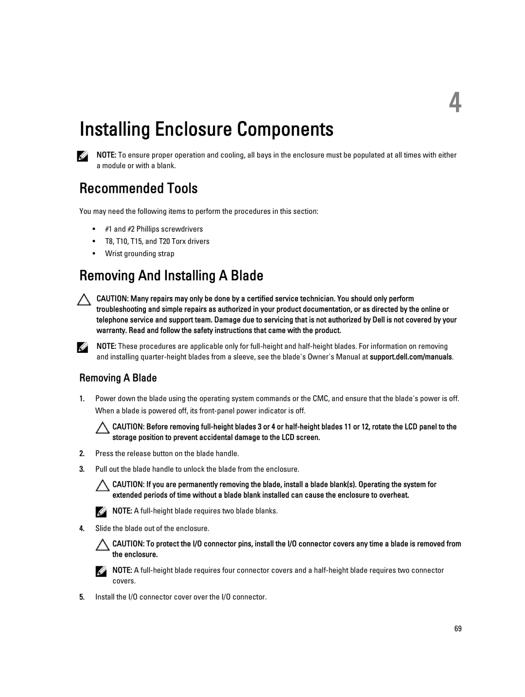 Dell M1000E owner manual Recommended Tools, Removing And Installing a Blade, Removing a Blade 