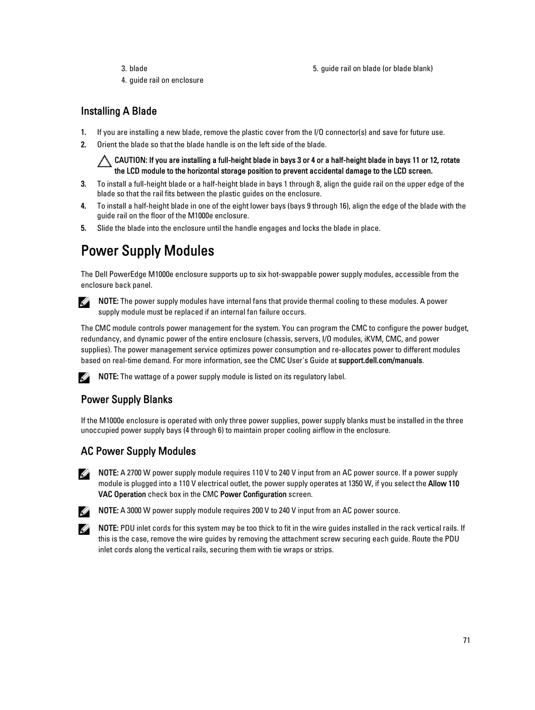 Dell M1000E owner manual Installing a Blade, Power Supply Blanks, AC Power Supply Modules 