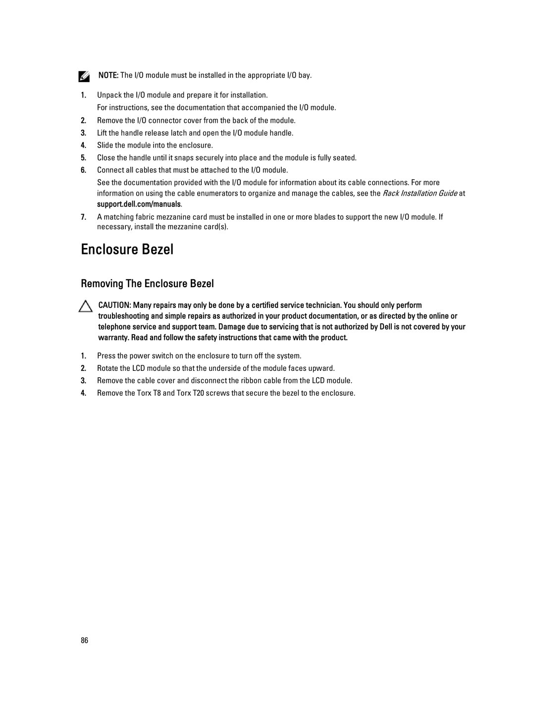 Dell M1000E owner manual Removing The Enclosure Bezel 