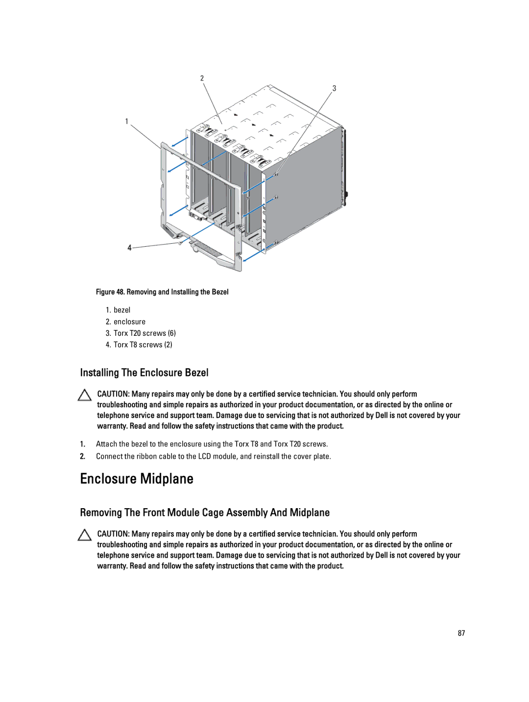 Dell M1000E Enclosure Midplane, Installing The Enclosure Bezel, Removing The Front Module Cage Assembly And Midplane 