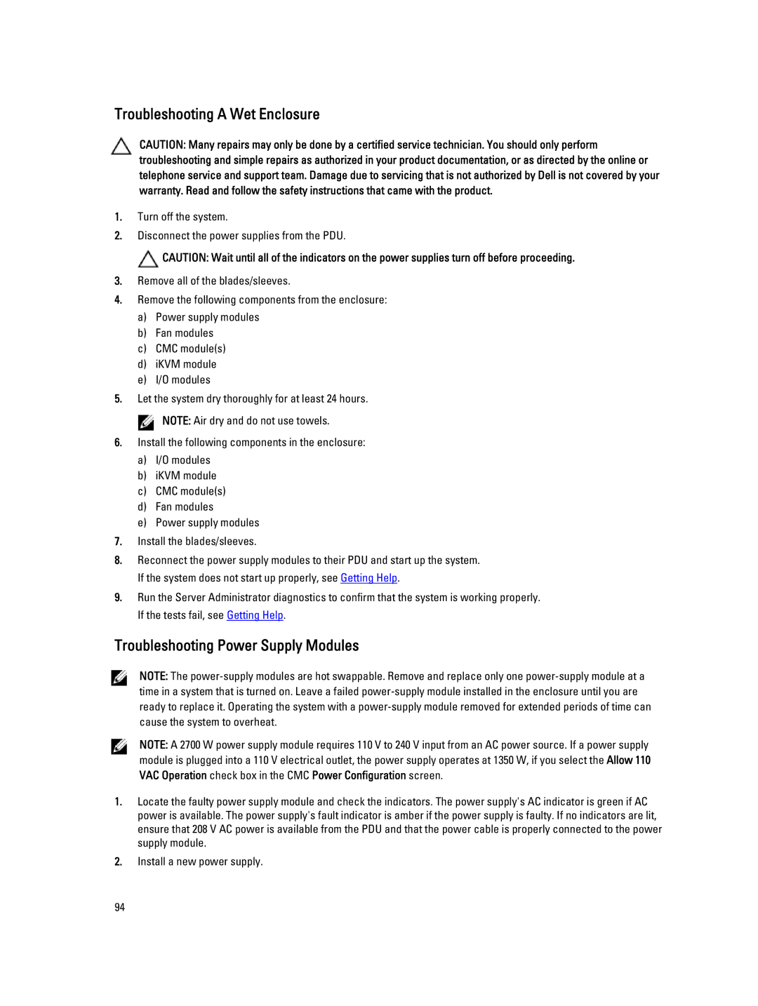 Dell M1000E owner manual Troubleshooting a Wet Enclosure, Troubleshooting Power Supply Modules 