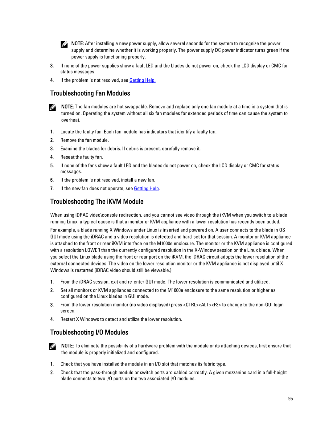 Dell M1000E owner manual Troubleshooting Fan Modules, Troubleshooting The iKVM Module, Troubleshooting I/O Modules 