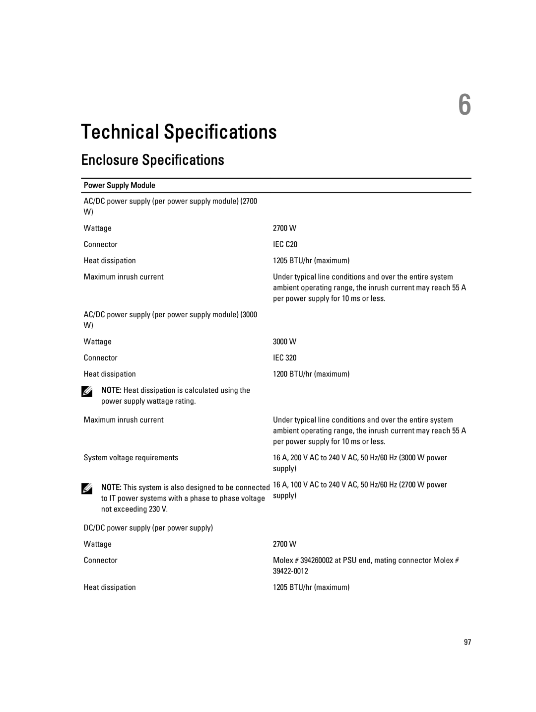 Dell M1000E owner manual Enclosure Specifications, Power Supply Module 