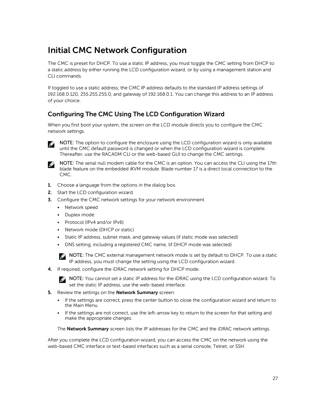 Dell M1000E owner manual Initial CMC Network Configuration, Configuring The CMC Using The LCD Configuration Wizard 