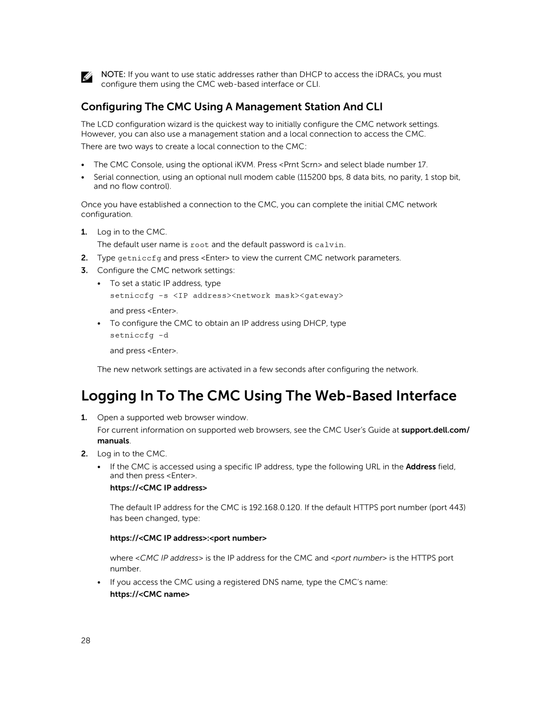 Dell M1000E Logging In To The CMC Using The Web-Based Interface, Configuring The CMC Using a Management Station And CLI 