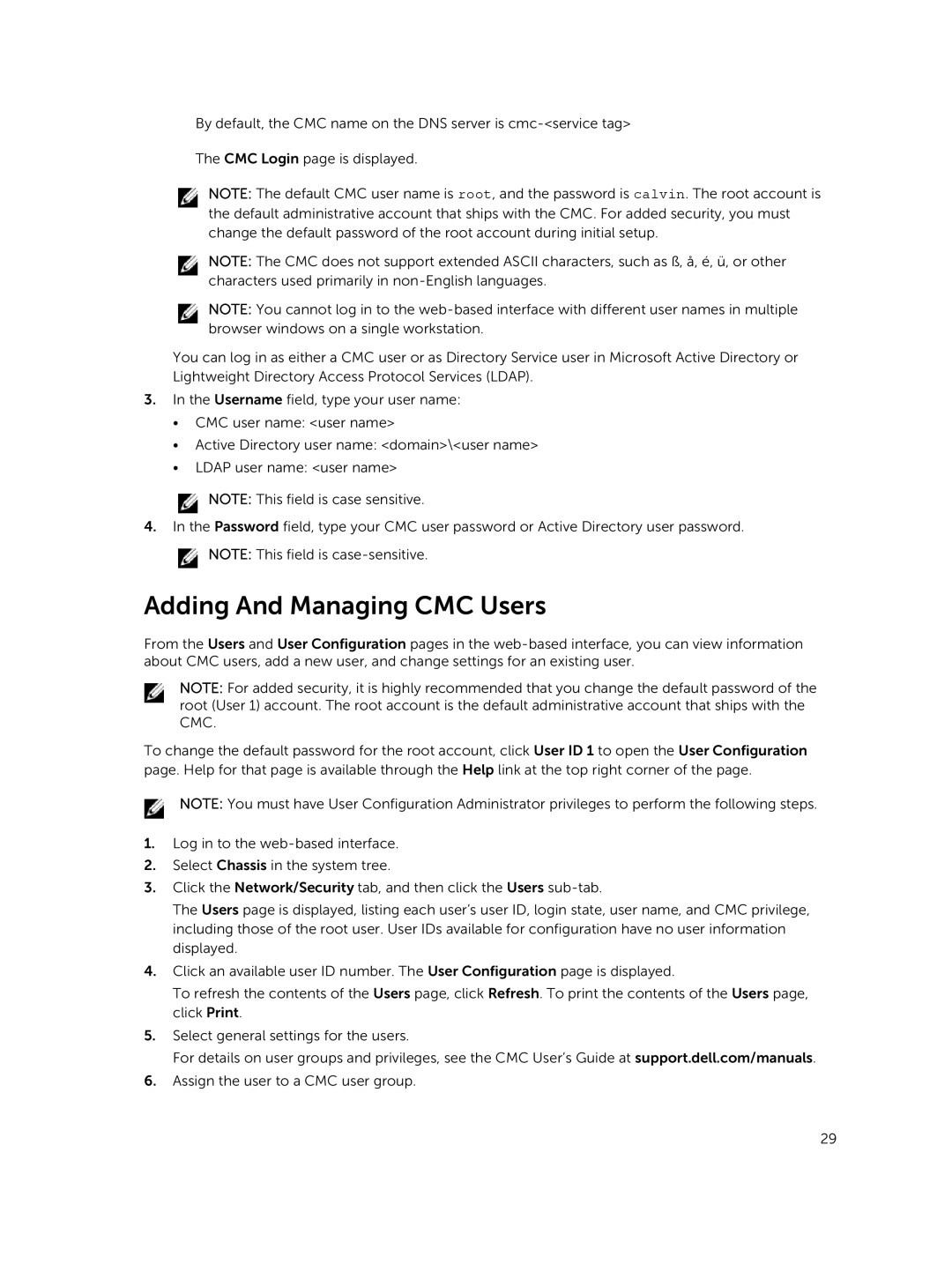 Dell M1000E owner manual Adding And Managing CMC Users 