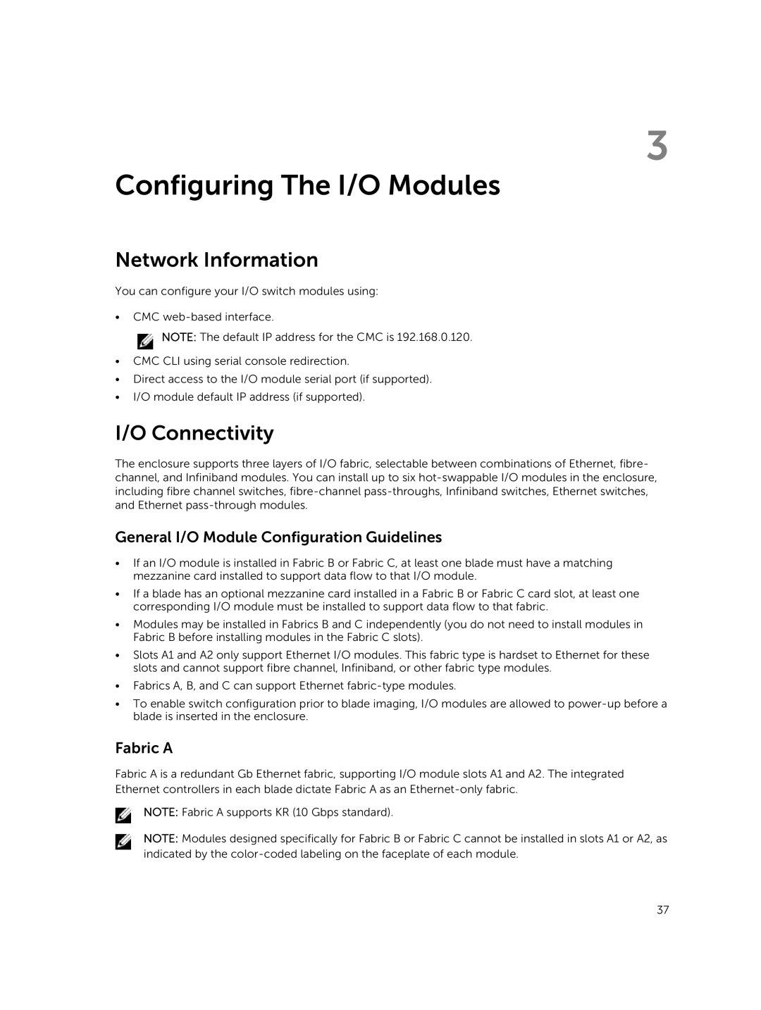 Dell M1000E owner manual Network Information, Connectivity, General I/O Module Configuration Guidelines, Fabric a 