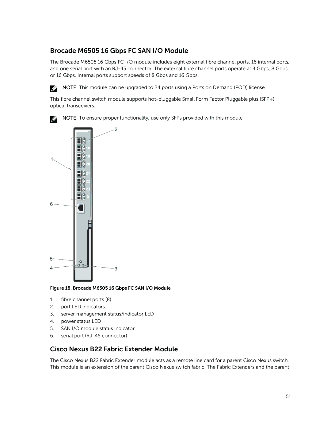 Dell M1000E owner manual Brocade M6505 16 Gbps FC SAN I/O Module, Cisco Nexus B22 Fabric Extender Module 