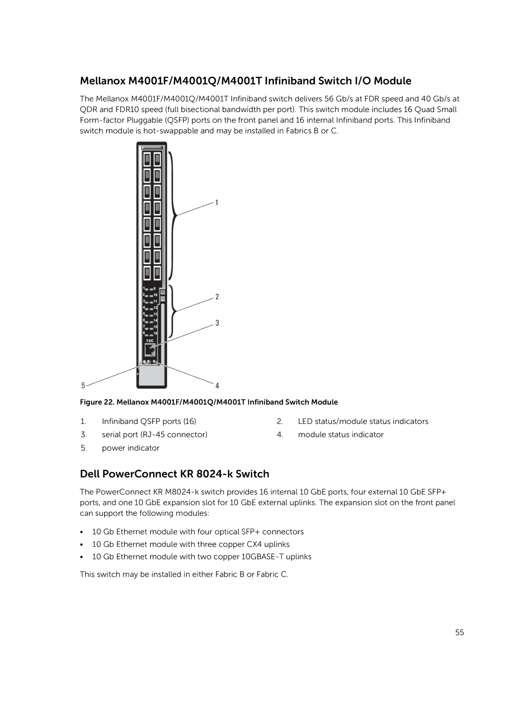 Dell M1000E owner manual Mellanox M4001F/M4001Q/M4001T Infiniband Switch I/O Module, Dell PowerConnect KR 8024-k Switch 