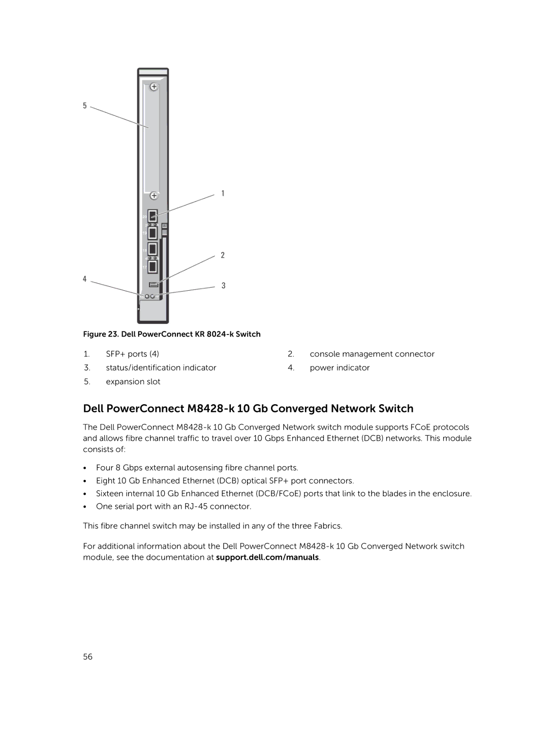 Dell M1000E owner manual Dell PowerConnect M8428-k 10 Gb Converged Network Switch, Dell PowerConnect KR 8024-k Switch 