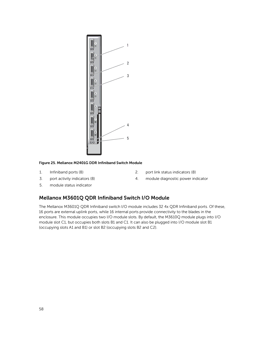 Dell M1000E owner manual Mellanox M3601Q QDR Infiniband Switch I/O Module, Mellanox M2401G DDR Infiniband Switch Module 