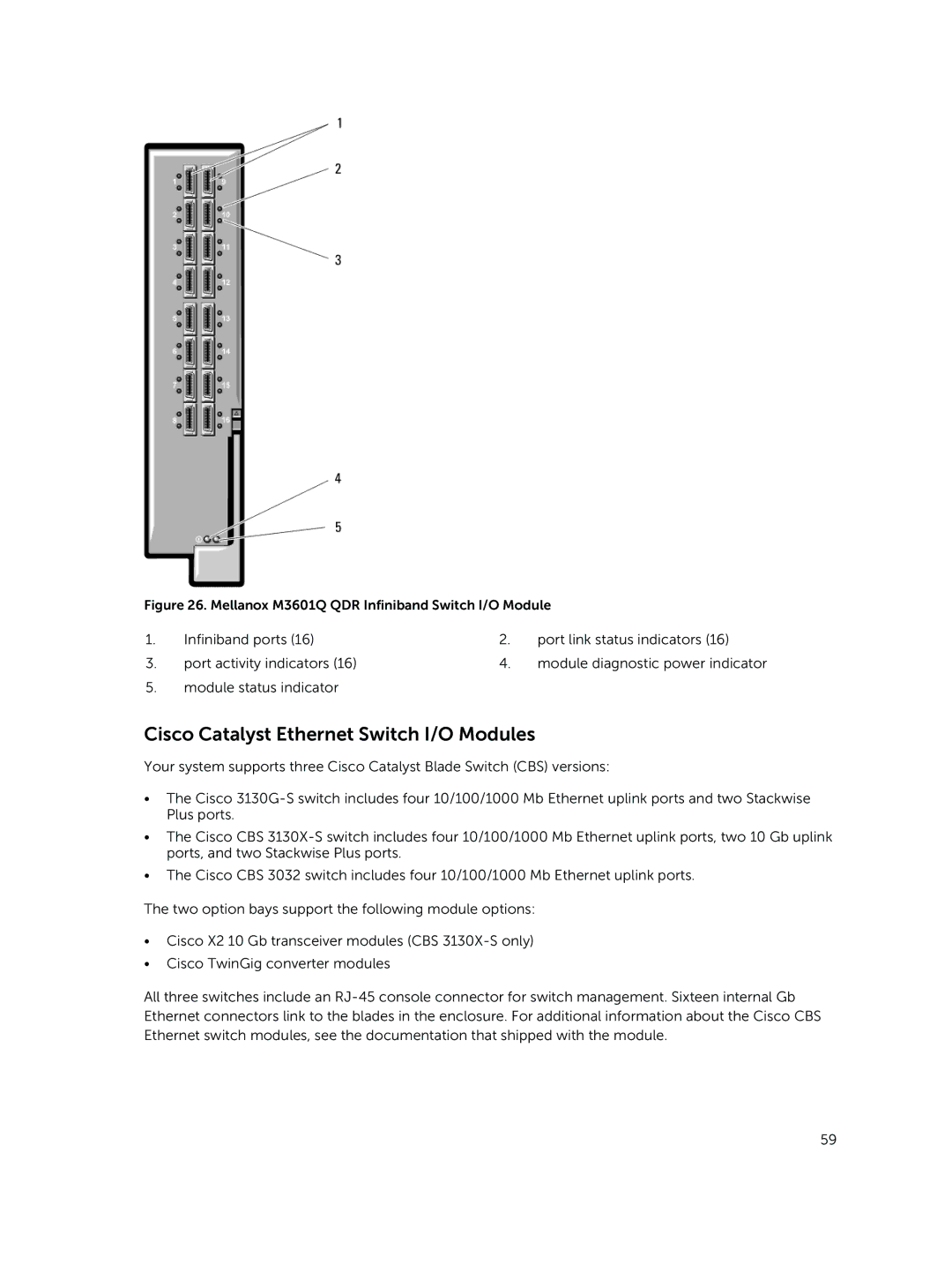 Dell M1000E owner manual Cisco Catalyst Ethernet Switch I/O Modules, Mellanox M3601Q QDR Infiniband Switch I/O Module 