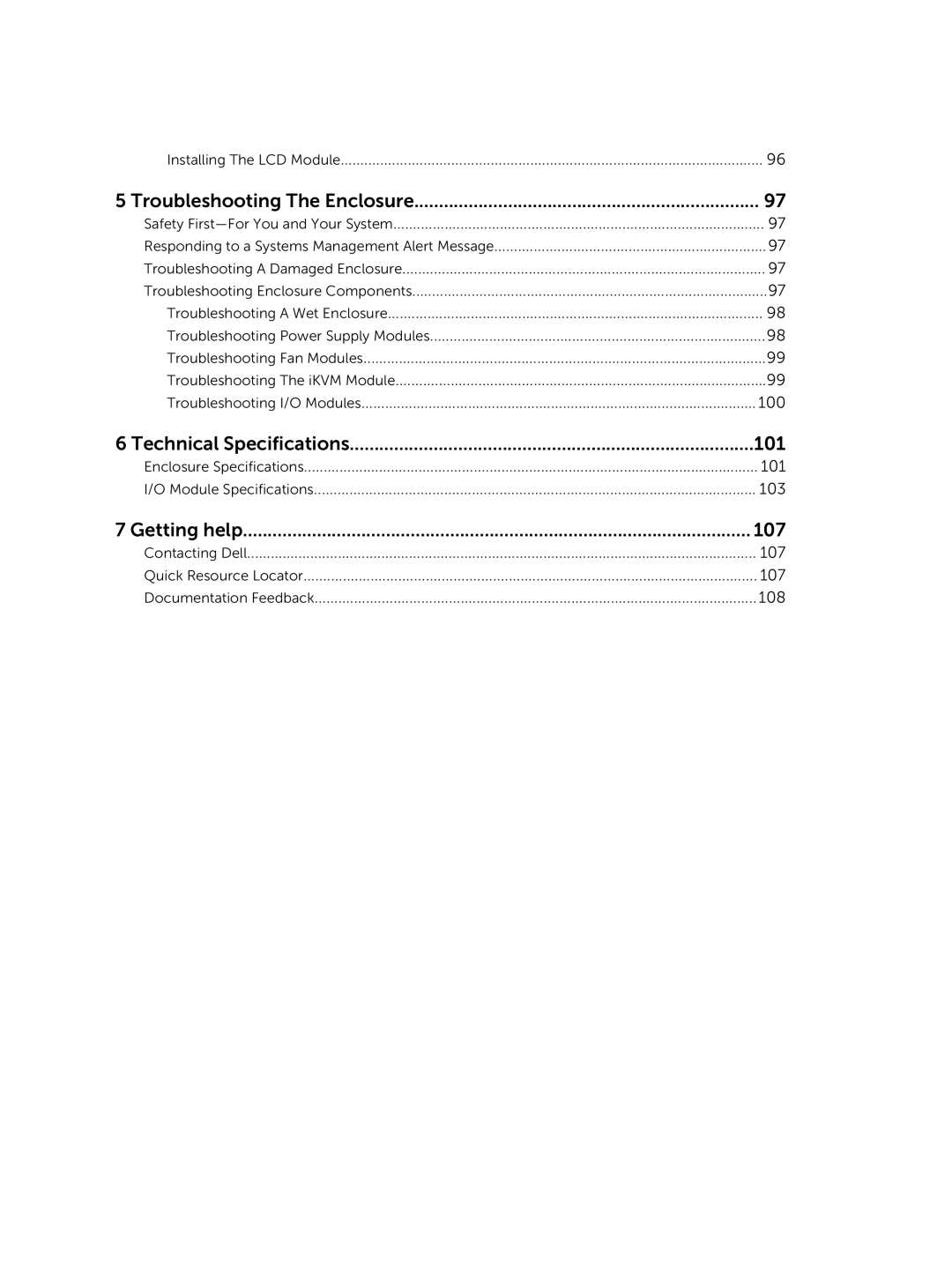 Dell M1000E owner manual Troubleshooting The Enclosure, Technical Specifications 101, Getting help 107 