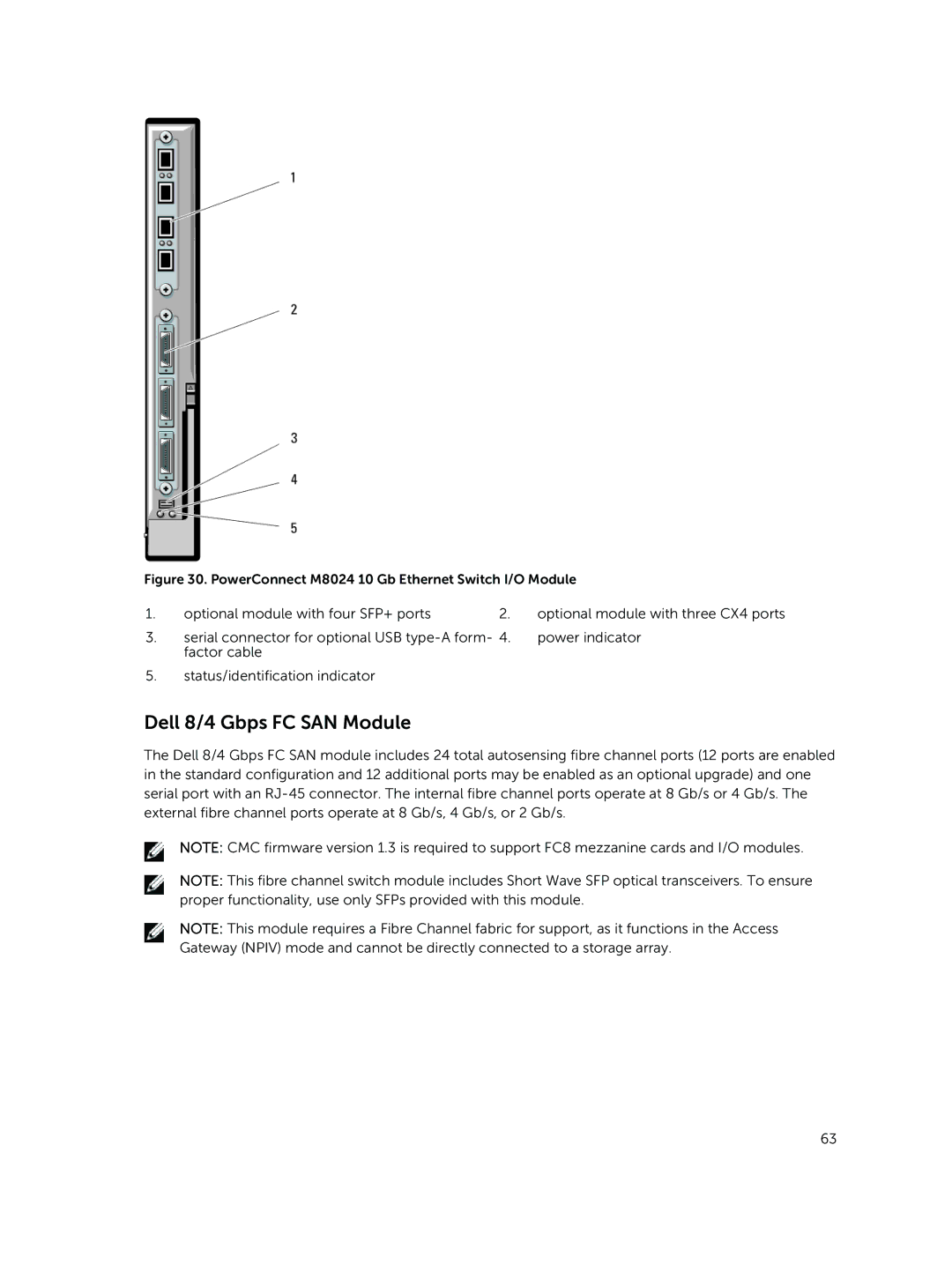 Dell M1000E owner manual Dell 8/4 Gbps FC SAN Module, PowerConnect M8024 10 Gb Ethernet Switch I/O Module 
