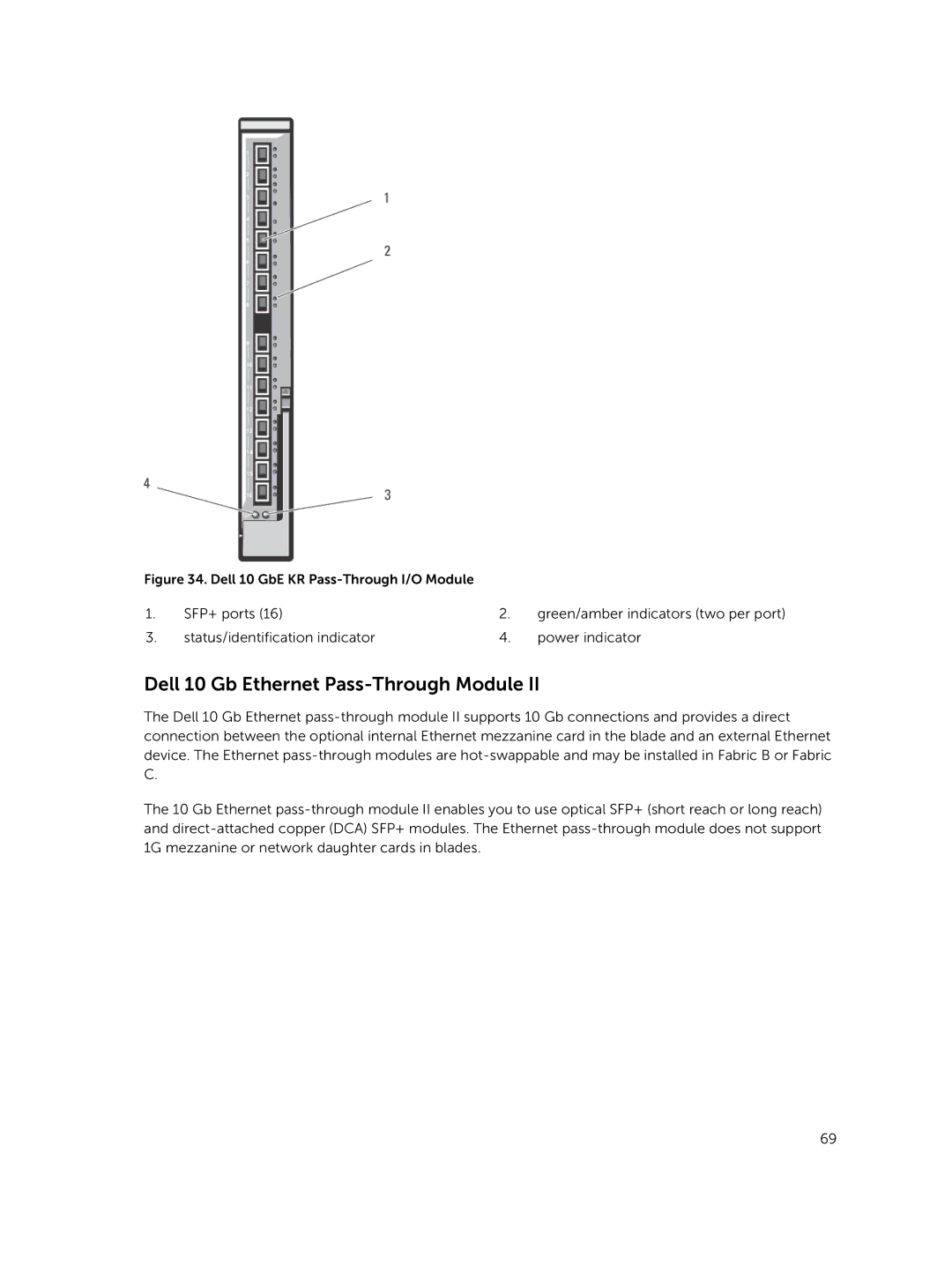 Dell M1000E owner manual Dell 10 Gb Ethernet Pass-Through Module, Dell 10 GbE KR Pass-Through I/O Module 