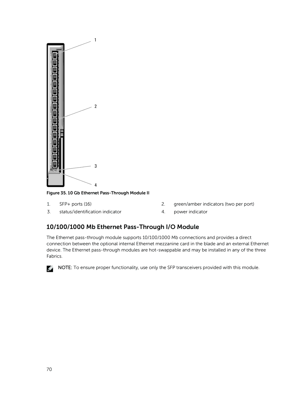 Dell M1000E owner manual 10/100/1000 Mb Ethernet Pass-Through I/O Module, Gb Ethernet Pass-Through Module 