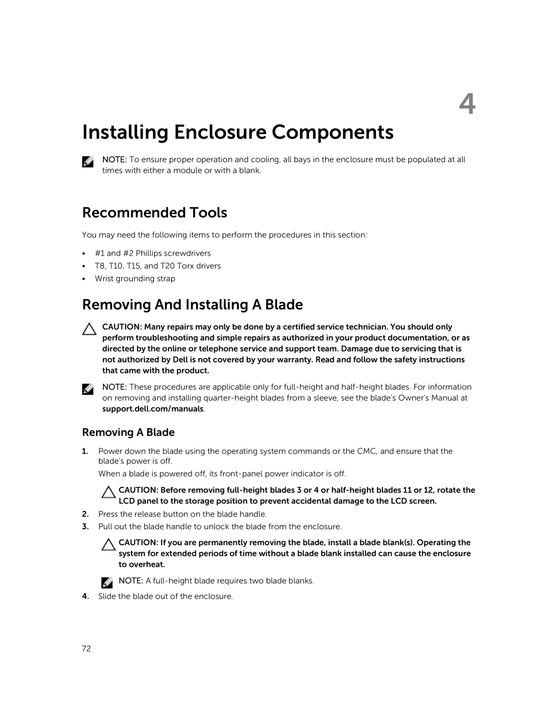 Dell M1000E owner manual Recommended Tools, Removing And Installing a Blade, Removing a Blade 