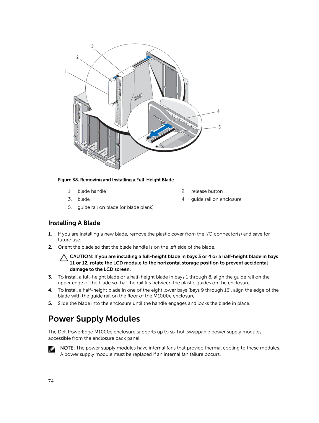 Dell M1000E owner manual Power Supply Modules, Installing a Blade 