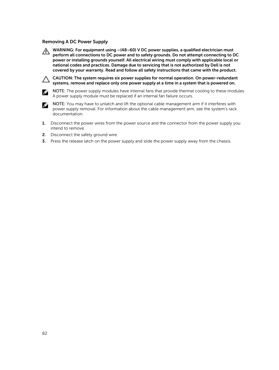 Dell M1000E owner manual Removing a DC Power Supply 