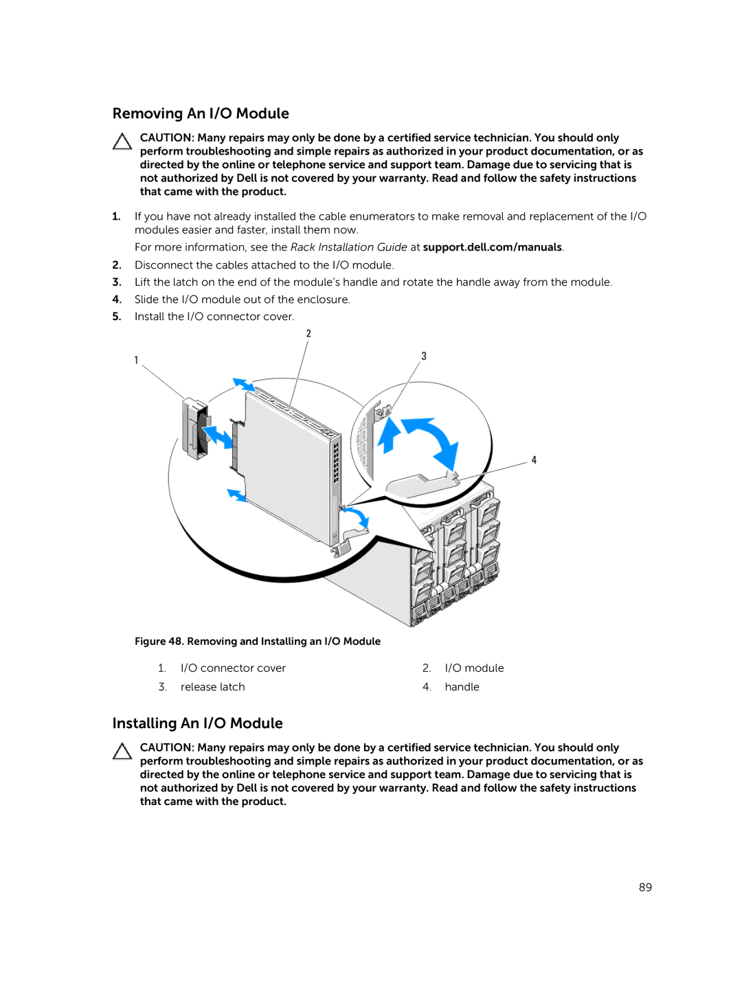 Dell M1000E owner manual Removing An I/O Module, Installing An I/O Module 