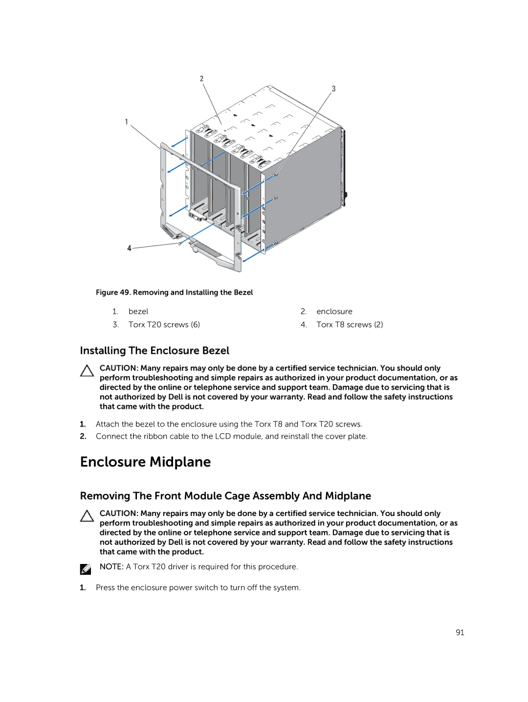 Dell M1000E Enclosure Midplane, Installing The Enclosure Bezel, Removing The Front Module Cage Assembly And Midplane 