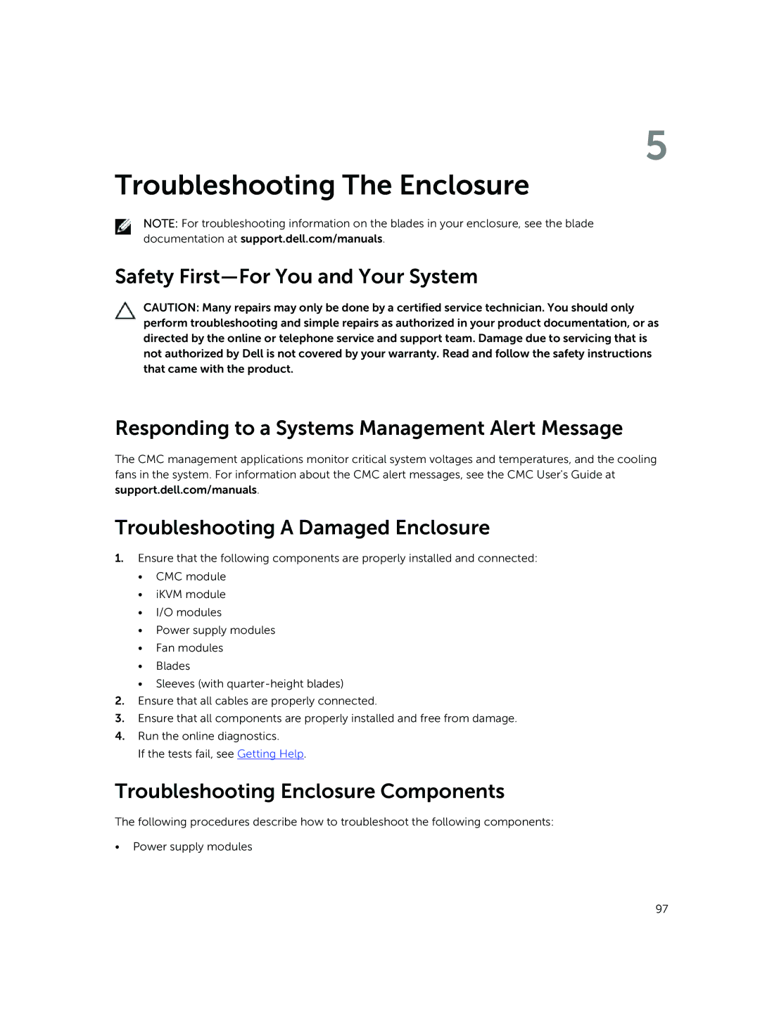 Dell M1000E owner manual Troubleshooting The Enclosure, Troubleshooting Enclosure Components 