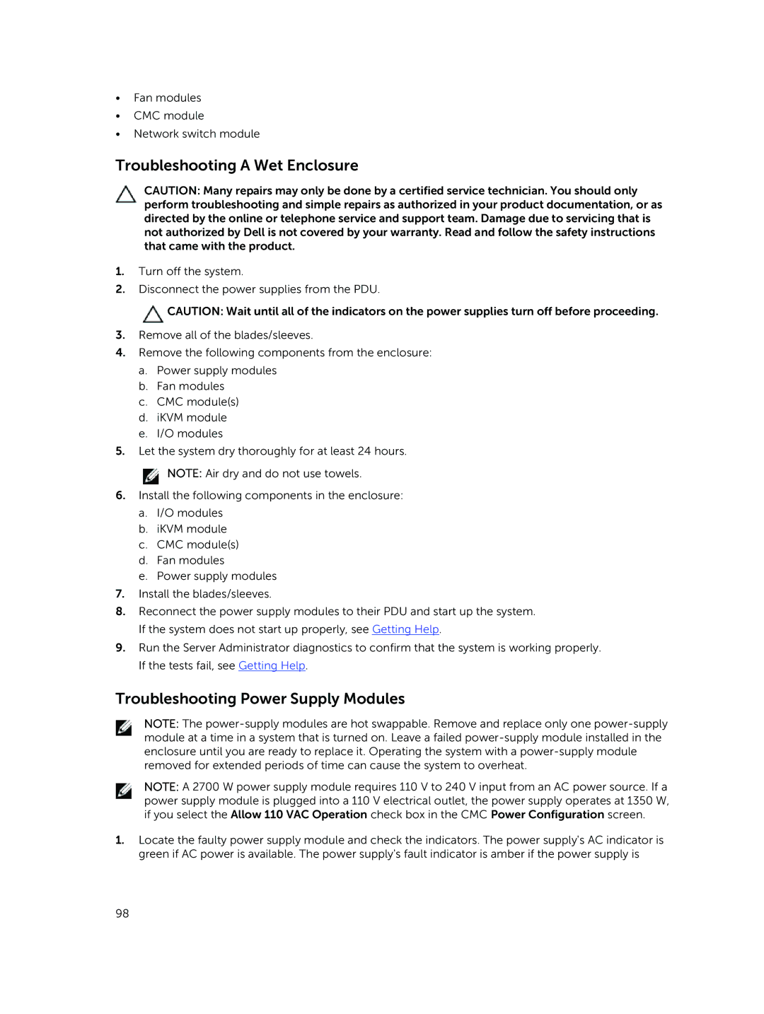 Dell M1000E owner manual Troubleshooting a Wet Enclosure, Troubleshooting Power Supply Modules 