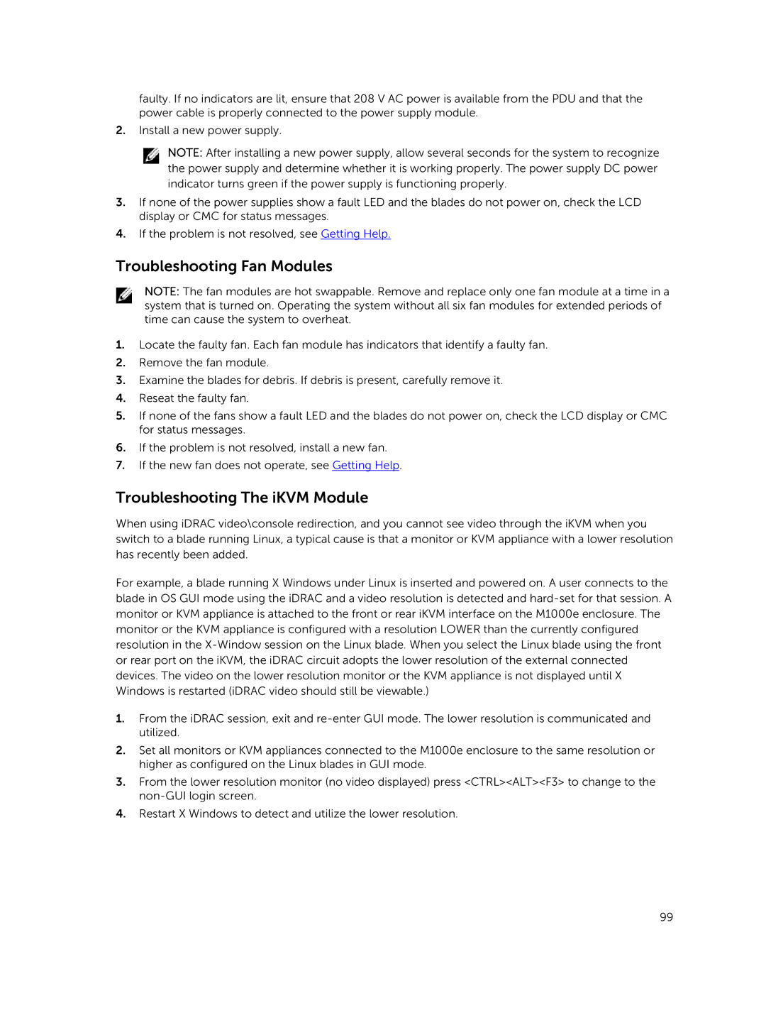 Dell M1000E owner manual Troubleshooting Fan Modules, Troubleshooting The iKVM Module 