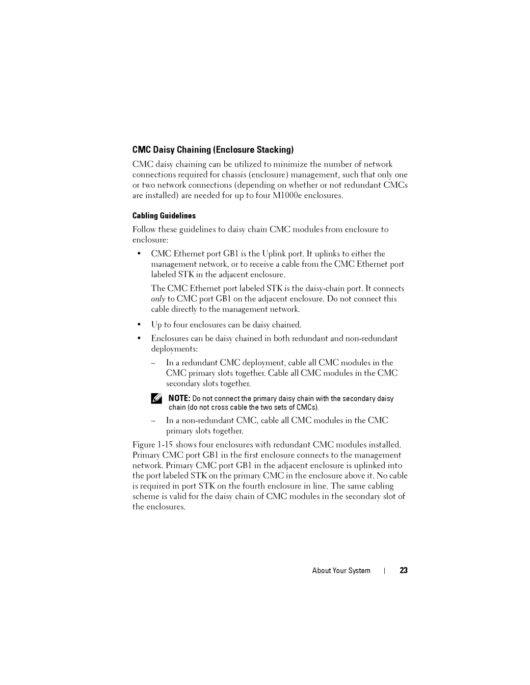 Dell M1000E manual CMC Daisy Chaining Enclosure Stacking, Cabling Guidelines 