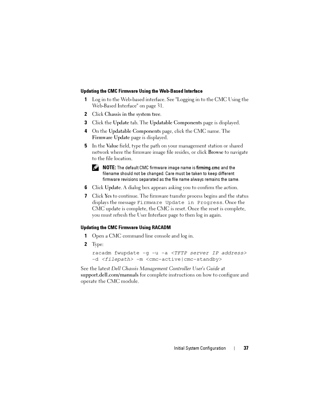 Dell M1000E manual Updating the CMC Firmware Using the Web-Based Interface, Updating the CMC Firmware Using Racadm 