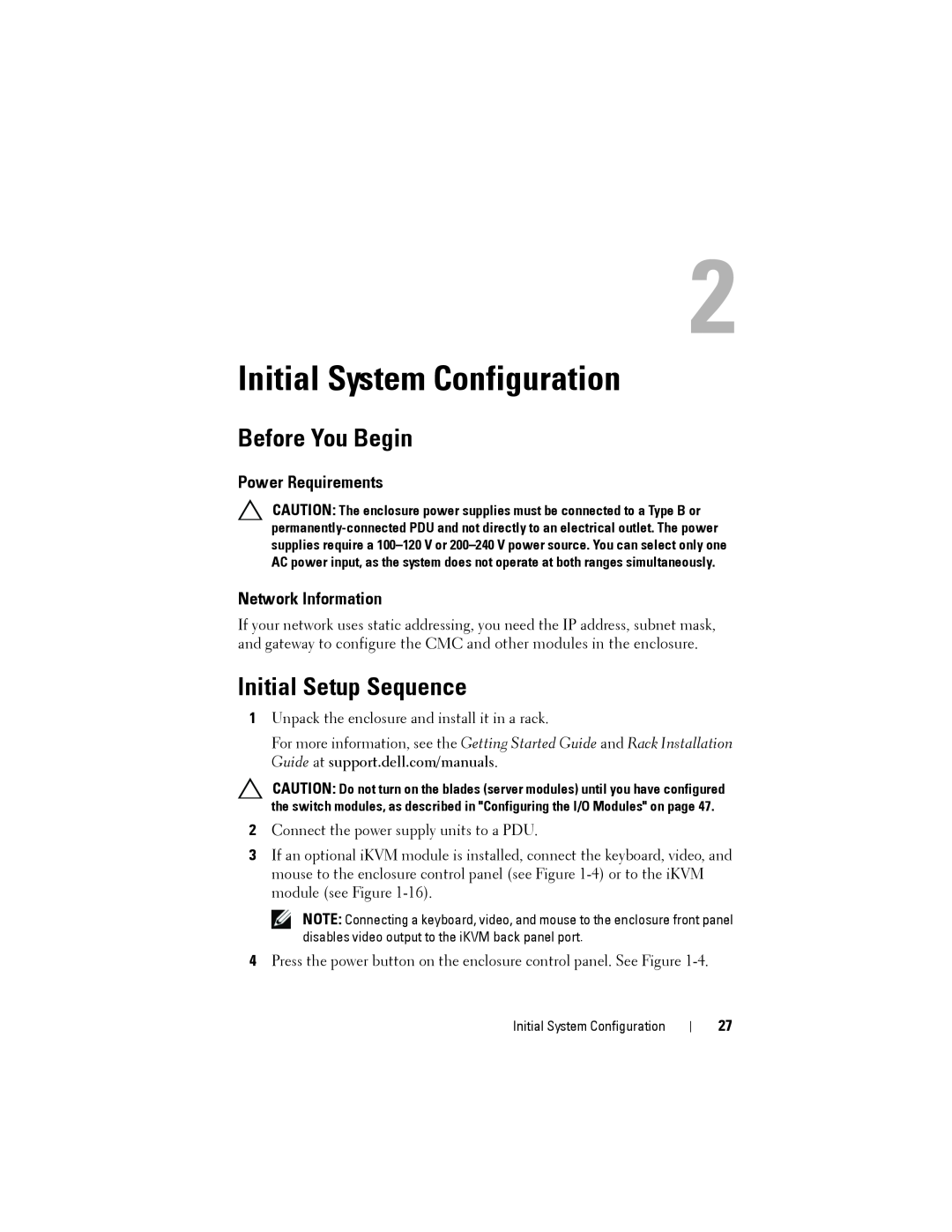 Dell M1000E manual Initial System Configuration, Before You Begin, Initial Setup Sequence, Power Requirements 
