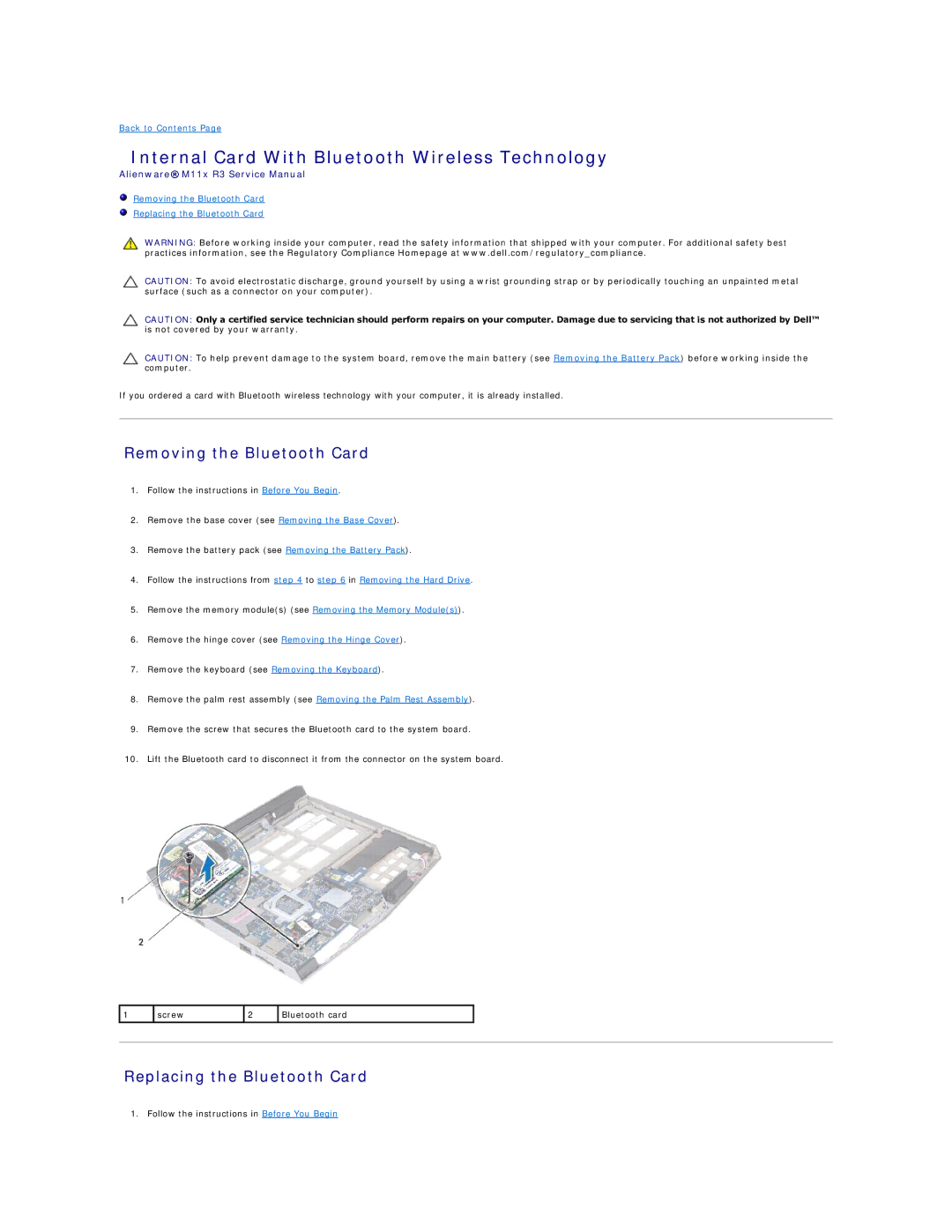 Dell M11X R3 Internal Card With Bluetooth Wireless Technology, Removing the Bluetooth Card, Replacing the Bluetooth Card 